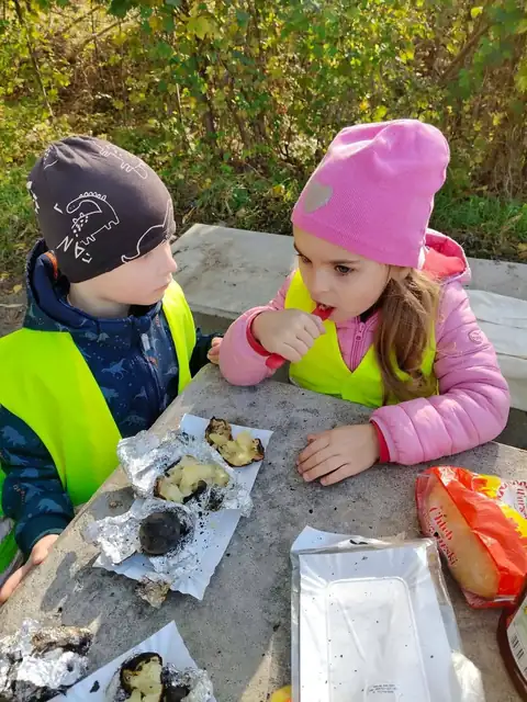 Jeżyki i Liski jedzą kiełbaski z ogniska